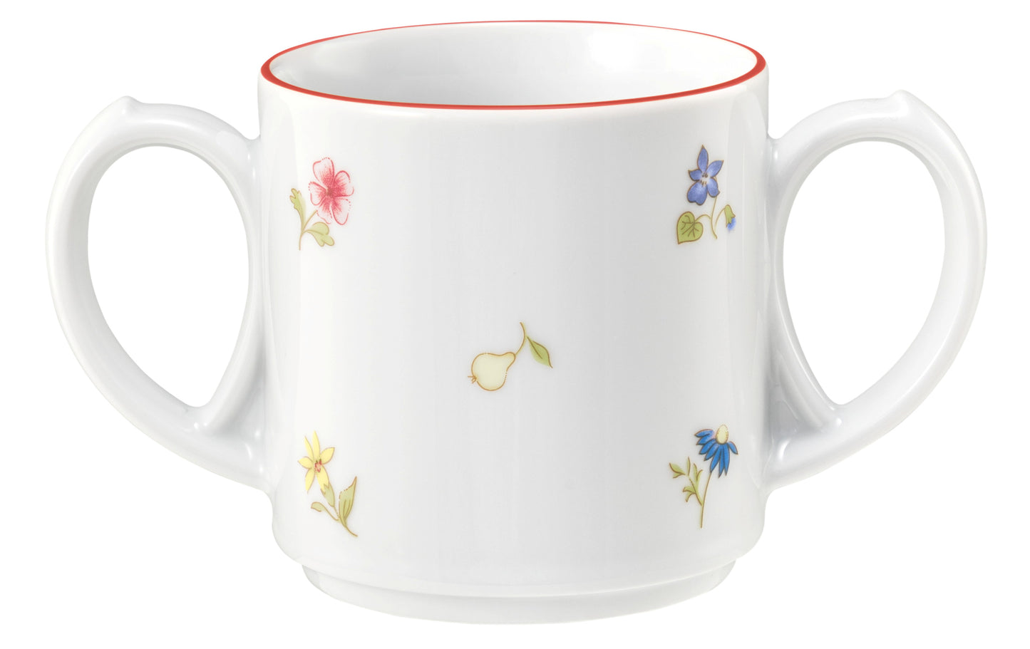 Zweihenkelige Tasse mit Blumenmuster.