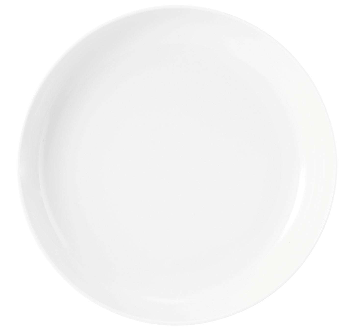 Weiße, flache Porzellanschale, leer.