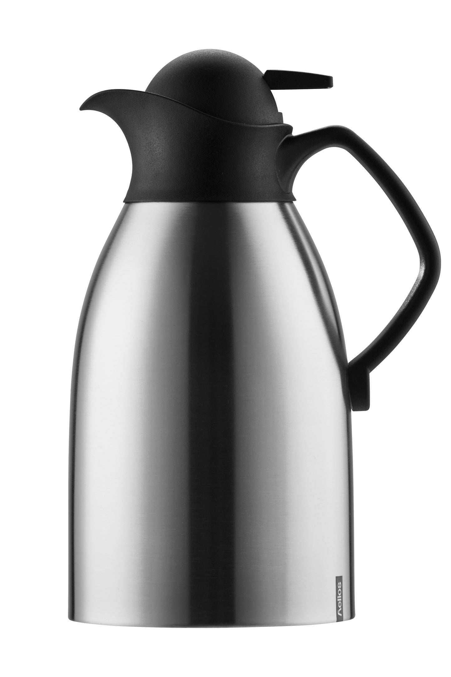 Silberne Thermoskanne mit schwarzem Griff.