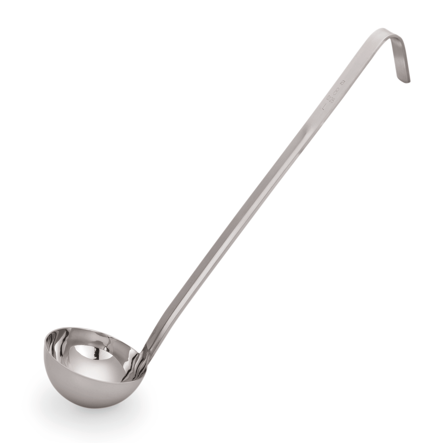 Silberne Suppenkelle mit langem Griff.