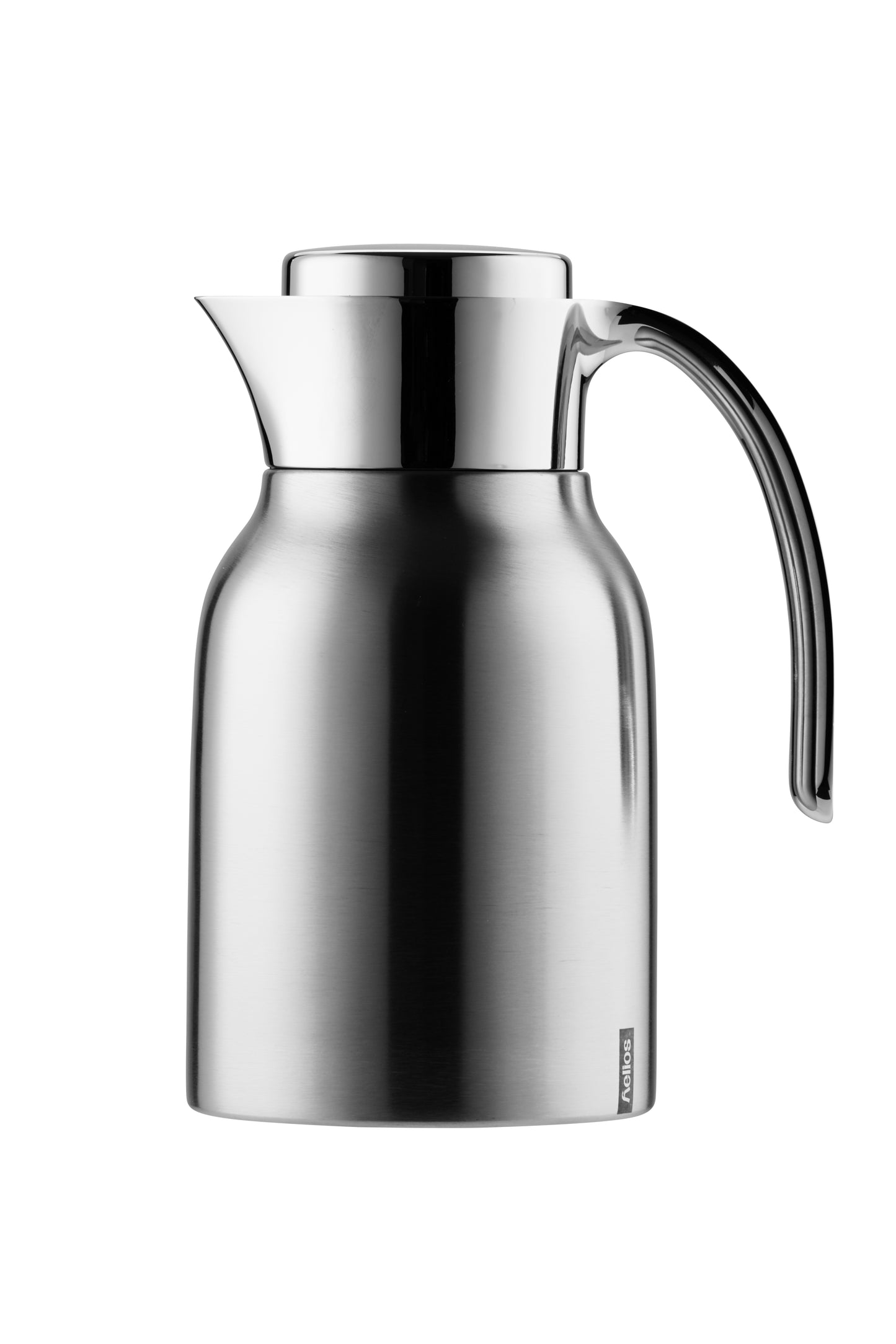 Silberne Thermoskanne mit Griff und Deckel.