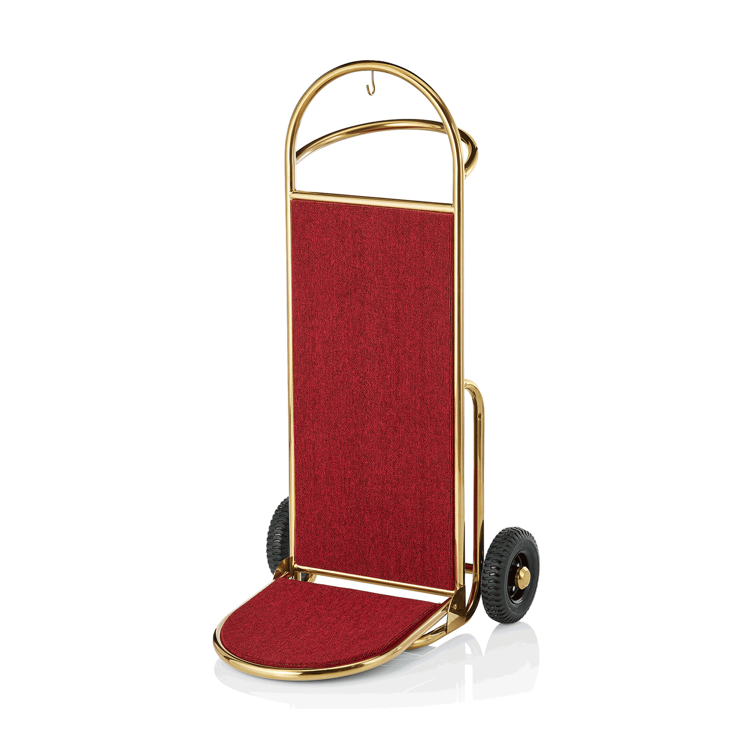 Gepäckwagen mit rotem Stoffbezug.