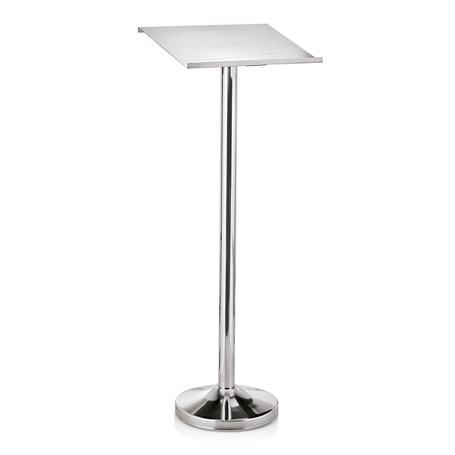 Silberner Stehtisch mit quadratischer Platte.