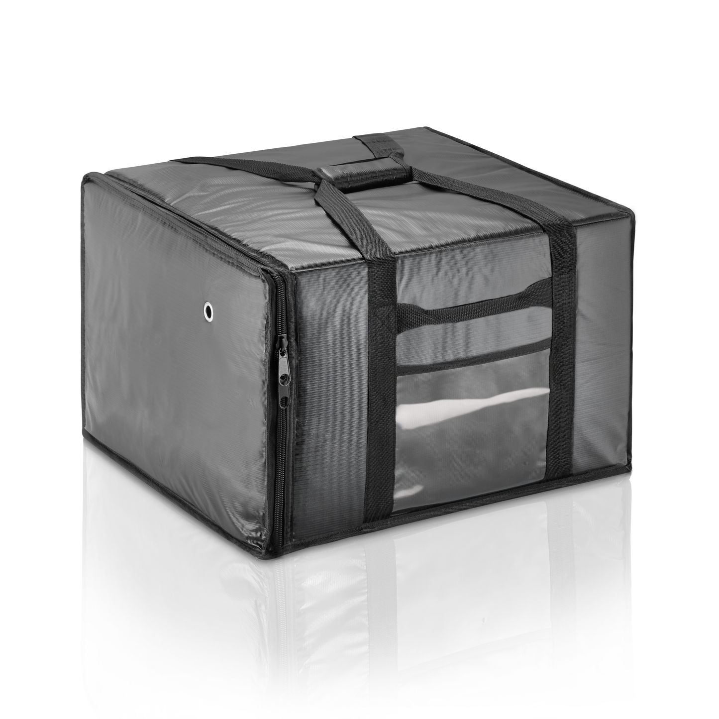 Schwarze Thermobox mit Tragegriffen.
