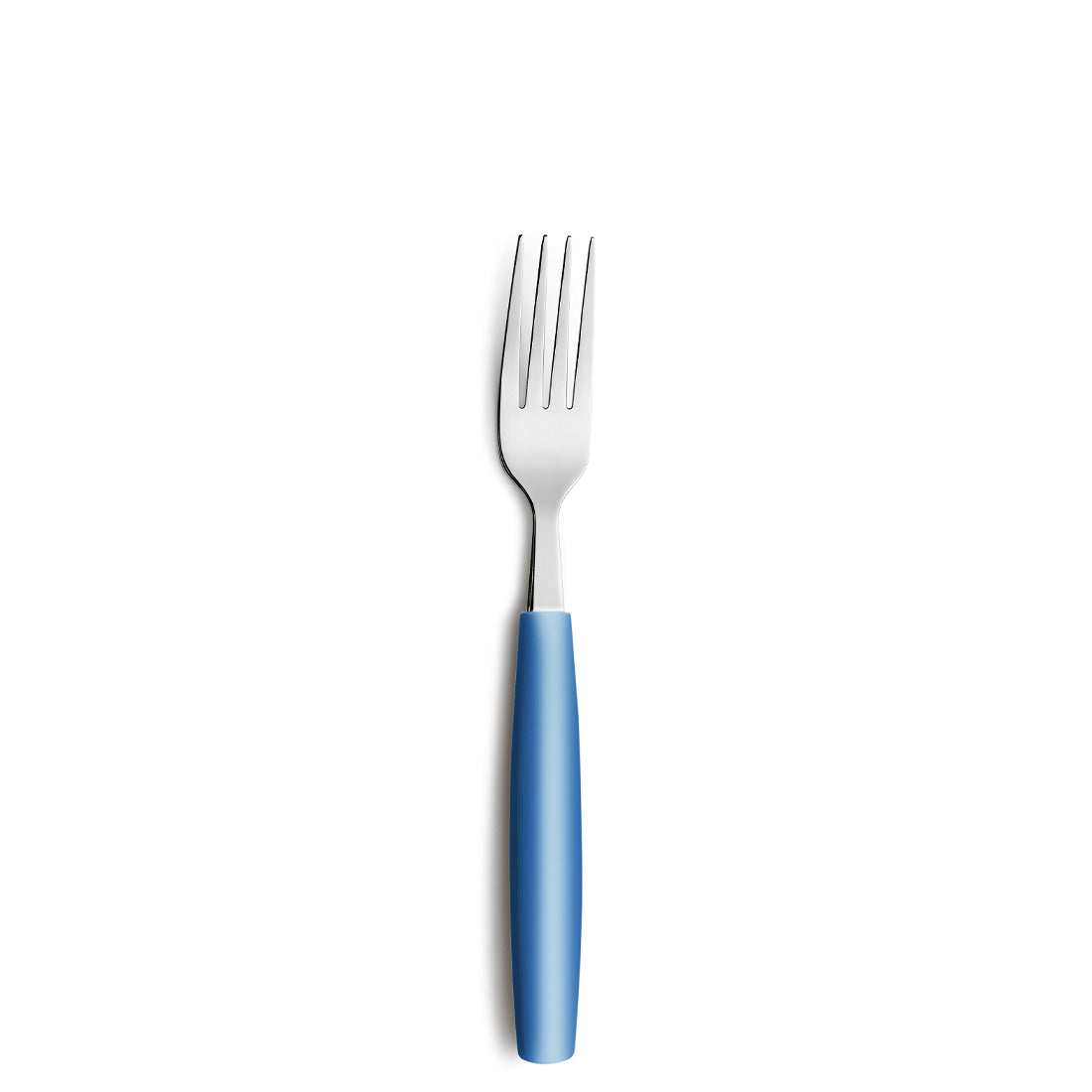 Gabel mit blauem Griff auf weißem Hintergrund.
