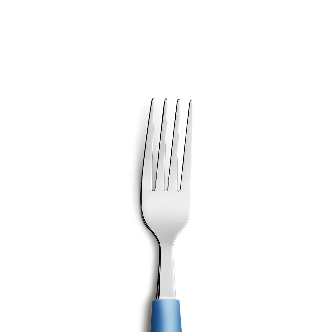 Gabel mit blauem Griff auf weißem Hintergrund.