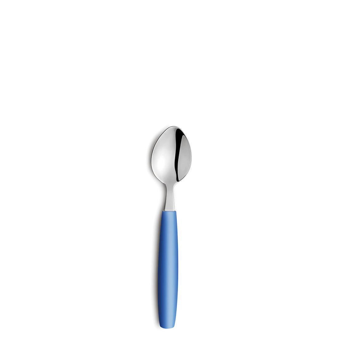 Löffel mit blauem Griff auf weißem Hintergrund.