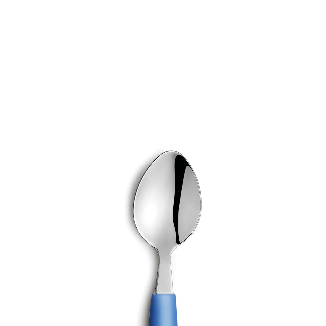 Löffel mit blauem Griff auf weißem Hintergrund.