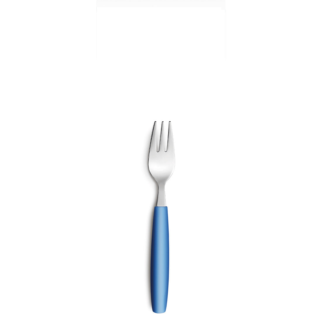 Gabel mit blauem Griff auf weißem Hintergrund.