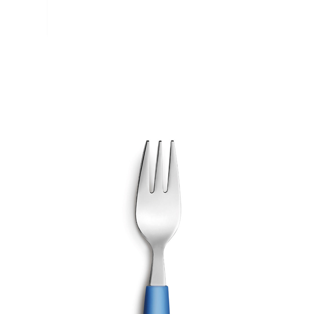 Gabel mit blauem Griff auf weißem Hintergrund.