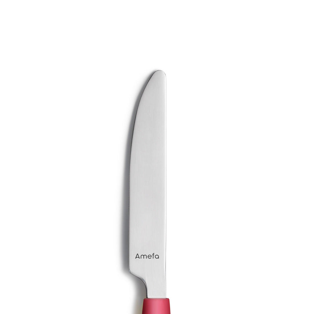Silbernes Messer mit rotem Griff, vertikal.