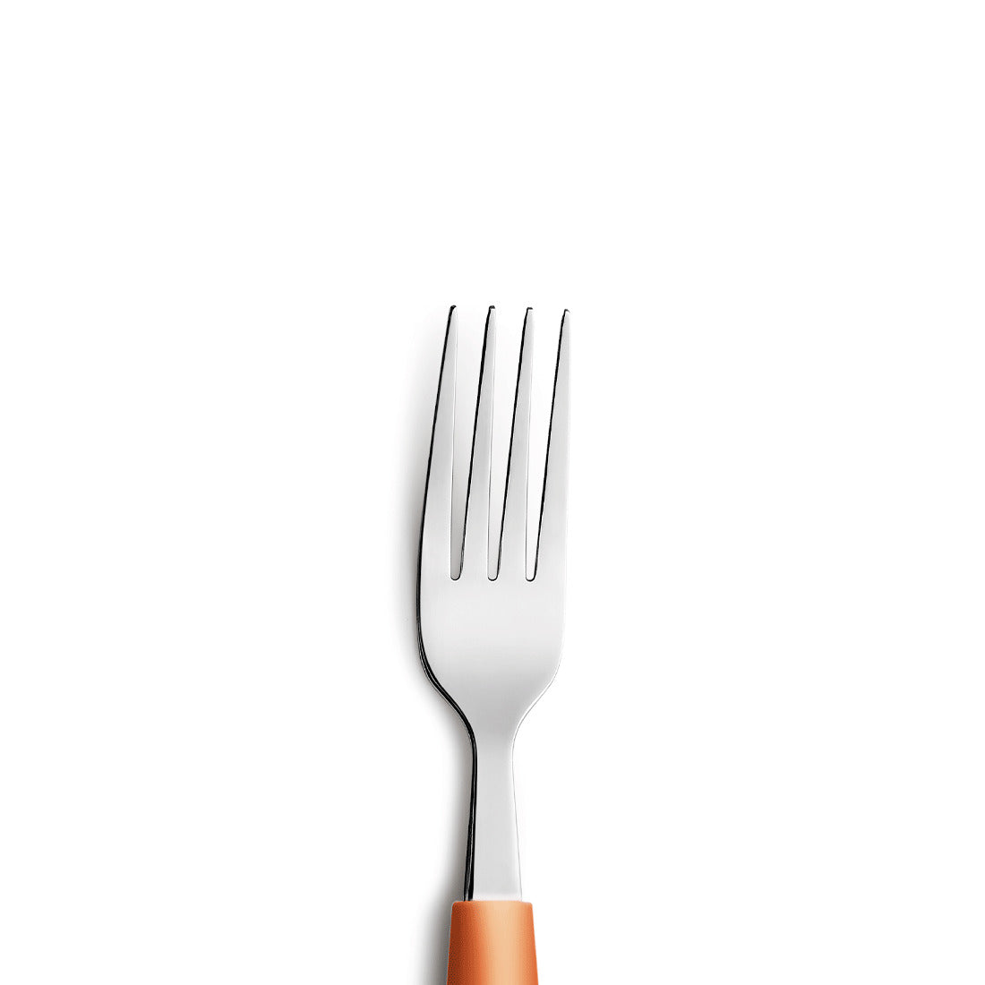 Gabel mit orangefarbenem Griff auf Weiß.