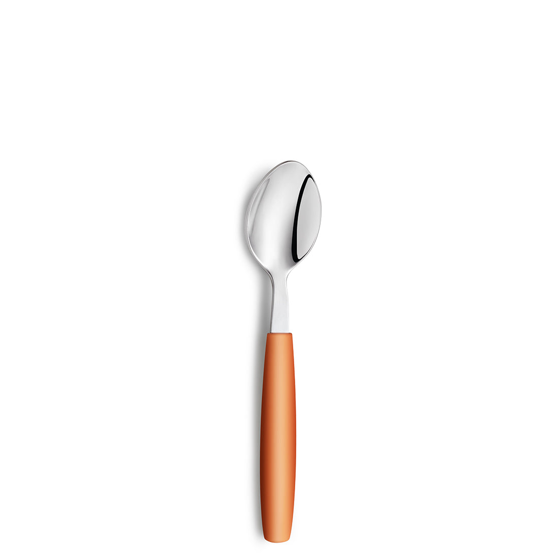 Löffel mit orangefarbenem Griff auf weißem Hintergrund.