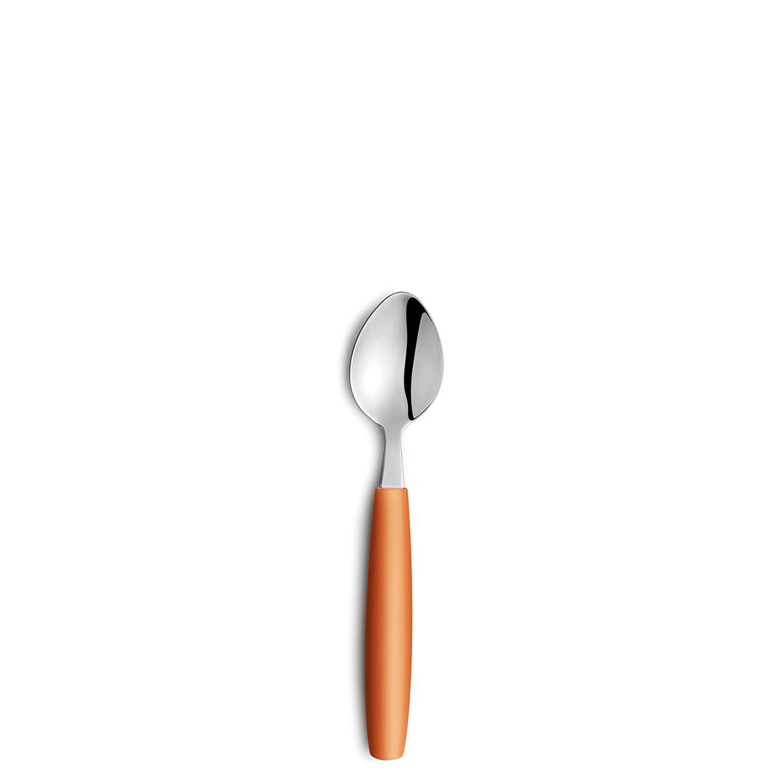 Löffel mit orangefarbenem Griff auf weißem Hintergrund.