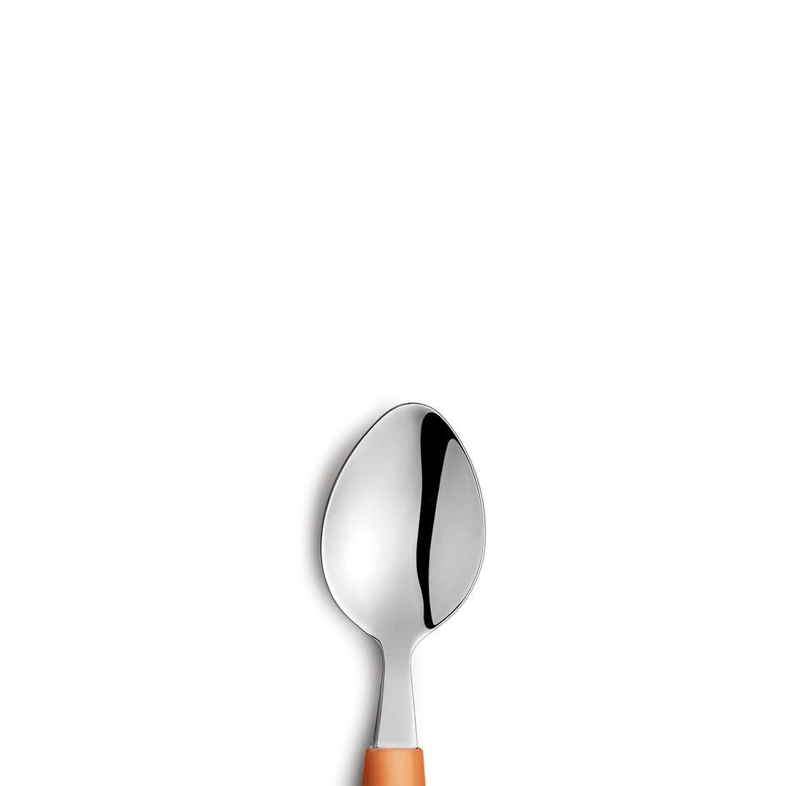 Löffel mit orangefarbenem Griff auf weißem Hintergrund.