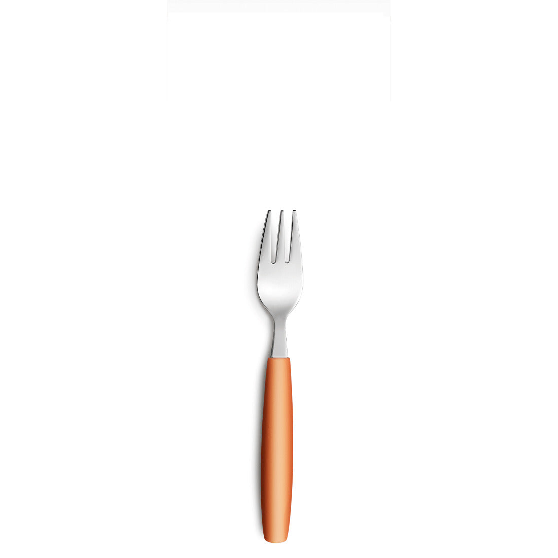 Gabel mit orangefarbenem Griff auf Weiß.