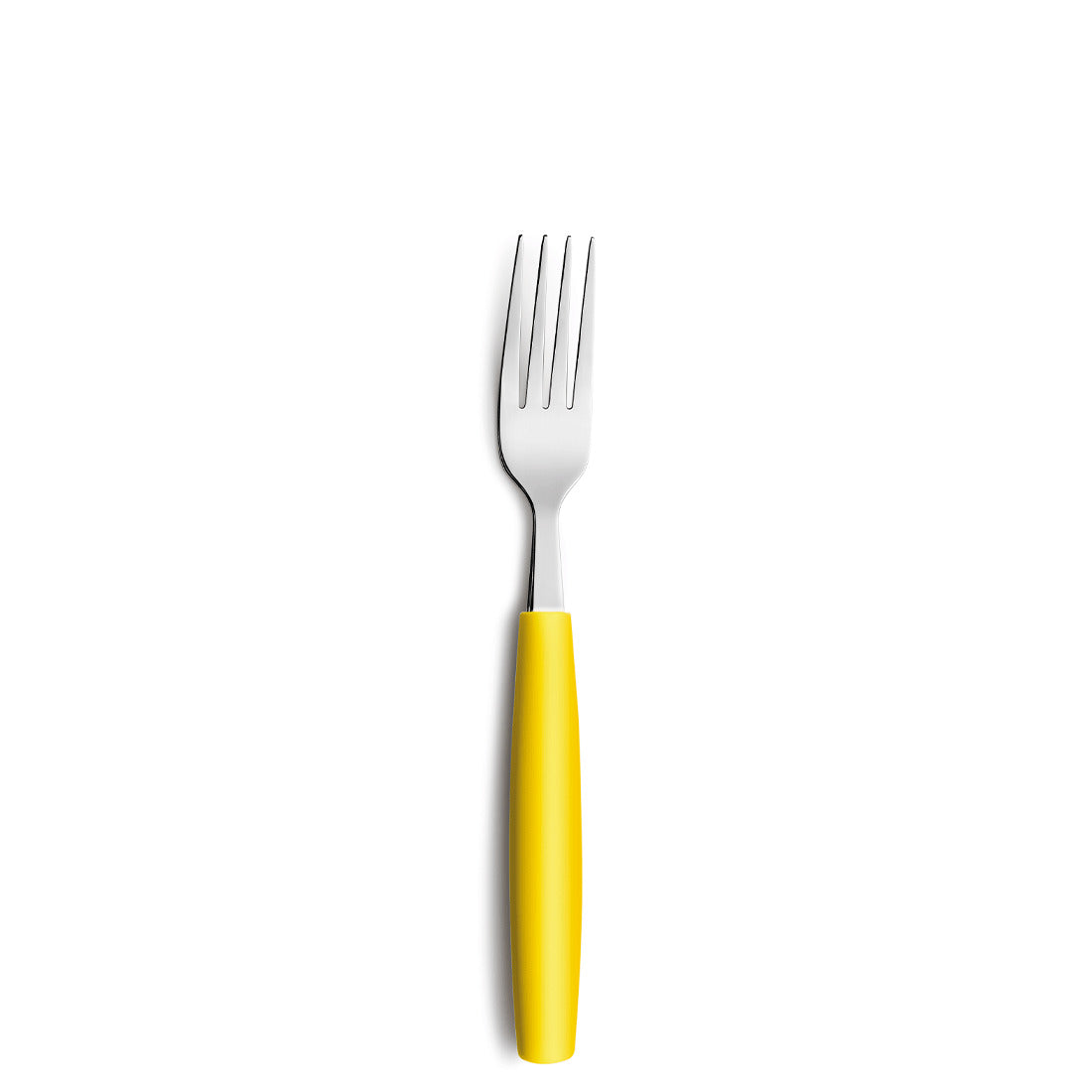 Gabel mit gelbem Griff auf weißem Hintergrund.