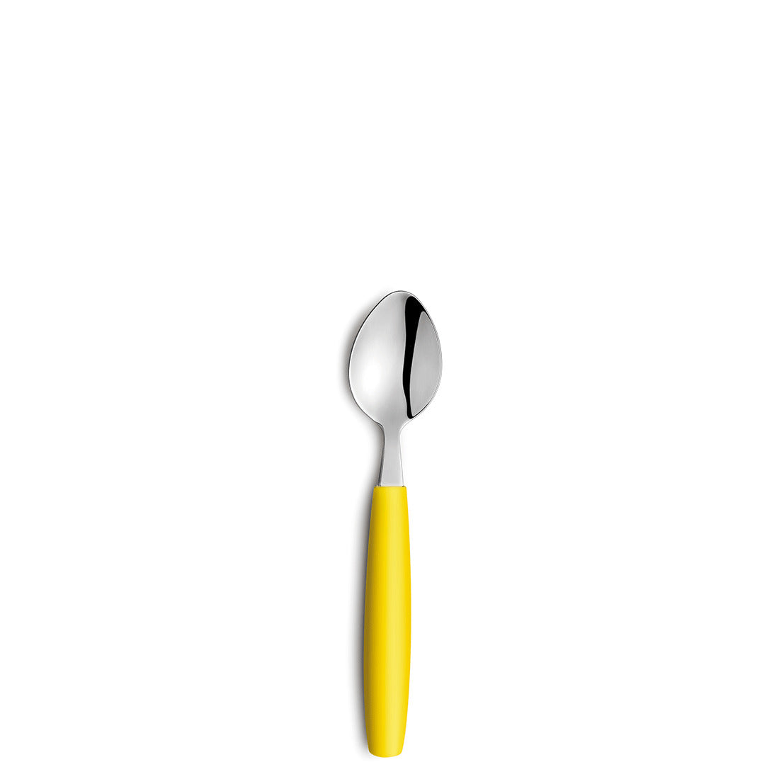 Löffel mit gelbem Griff auf weißem Hintergrund.
