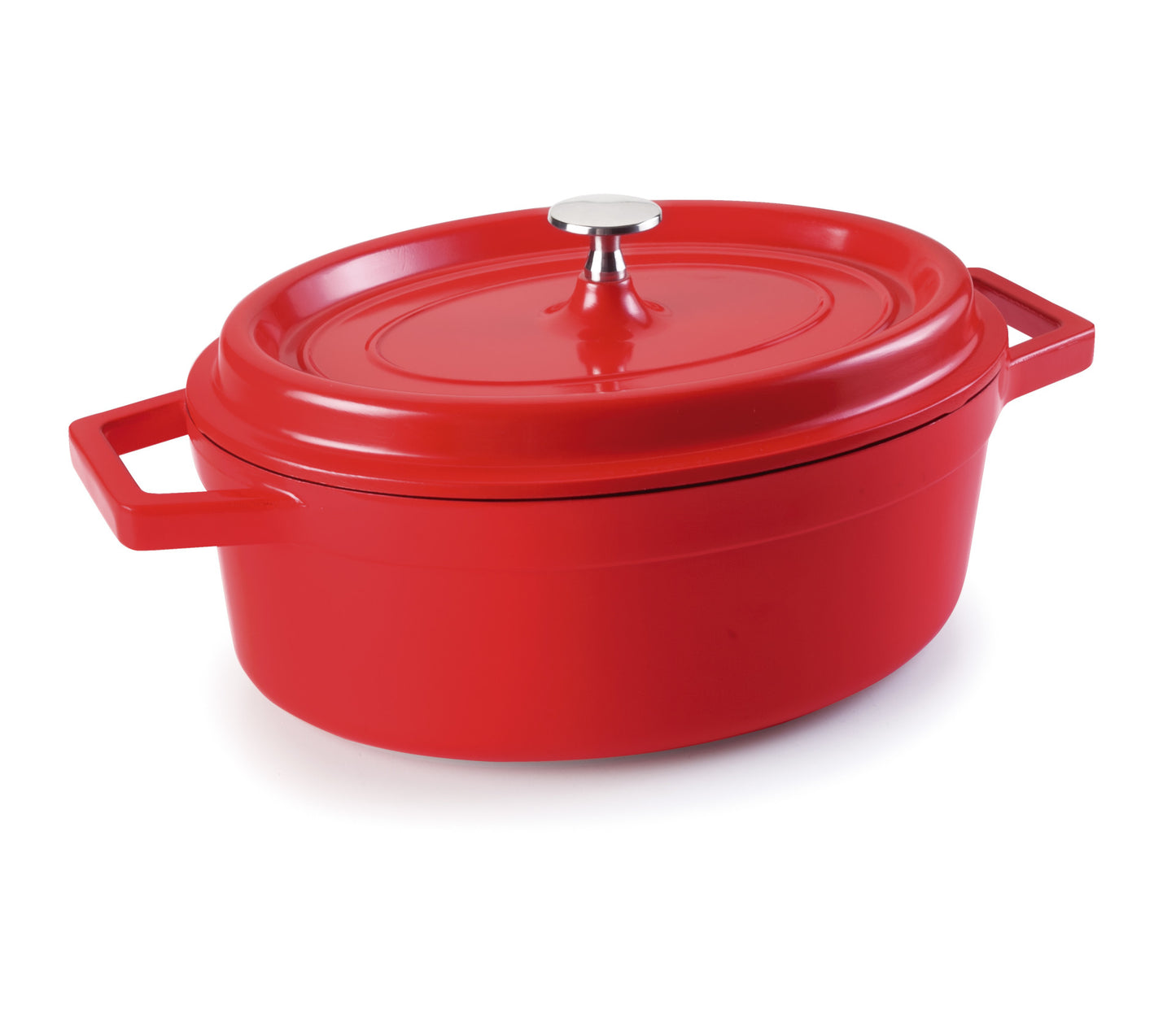 Roter Bräter mit Deckel.