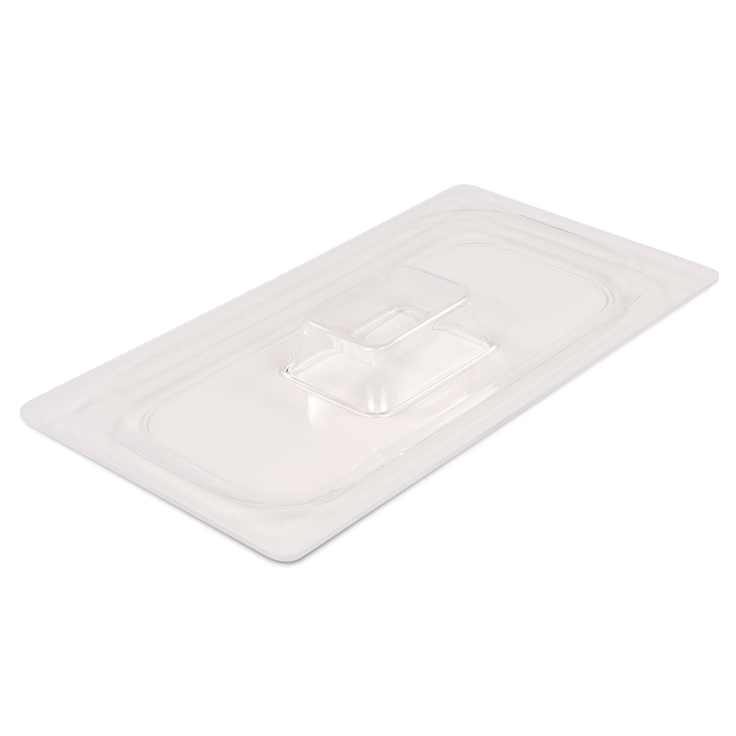 Transparenter GN-Behälterdeckel mit Griff.