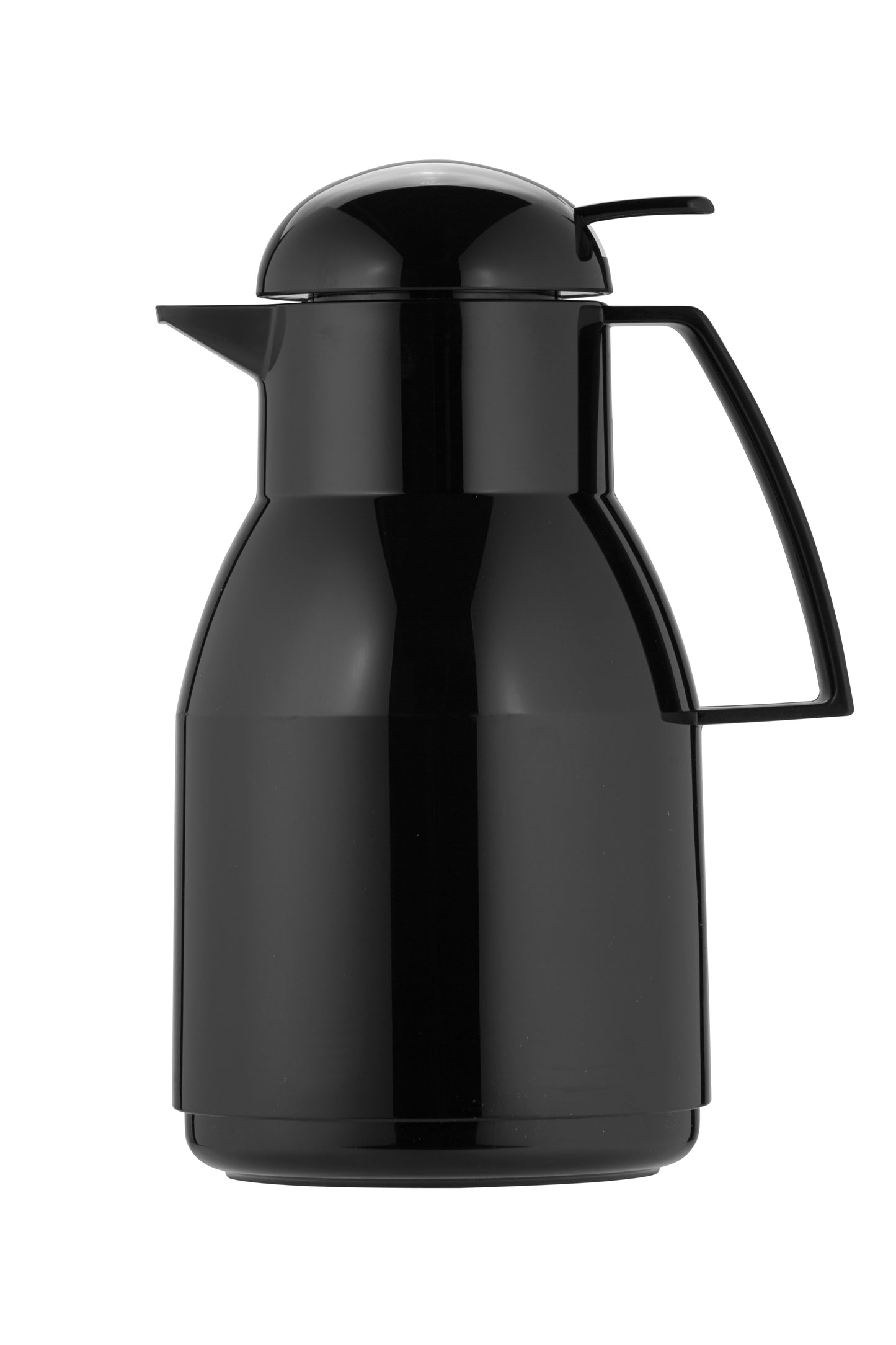 Schwarze Thermoskanne mit Griff und Deckel.