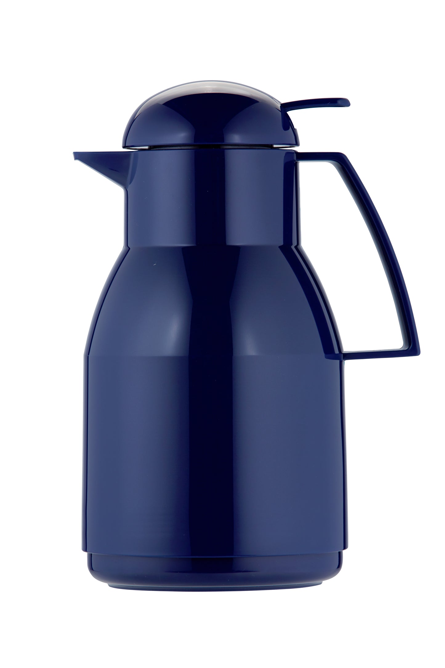 Blaue Thermoskanne mit Griff und Deckel.