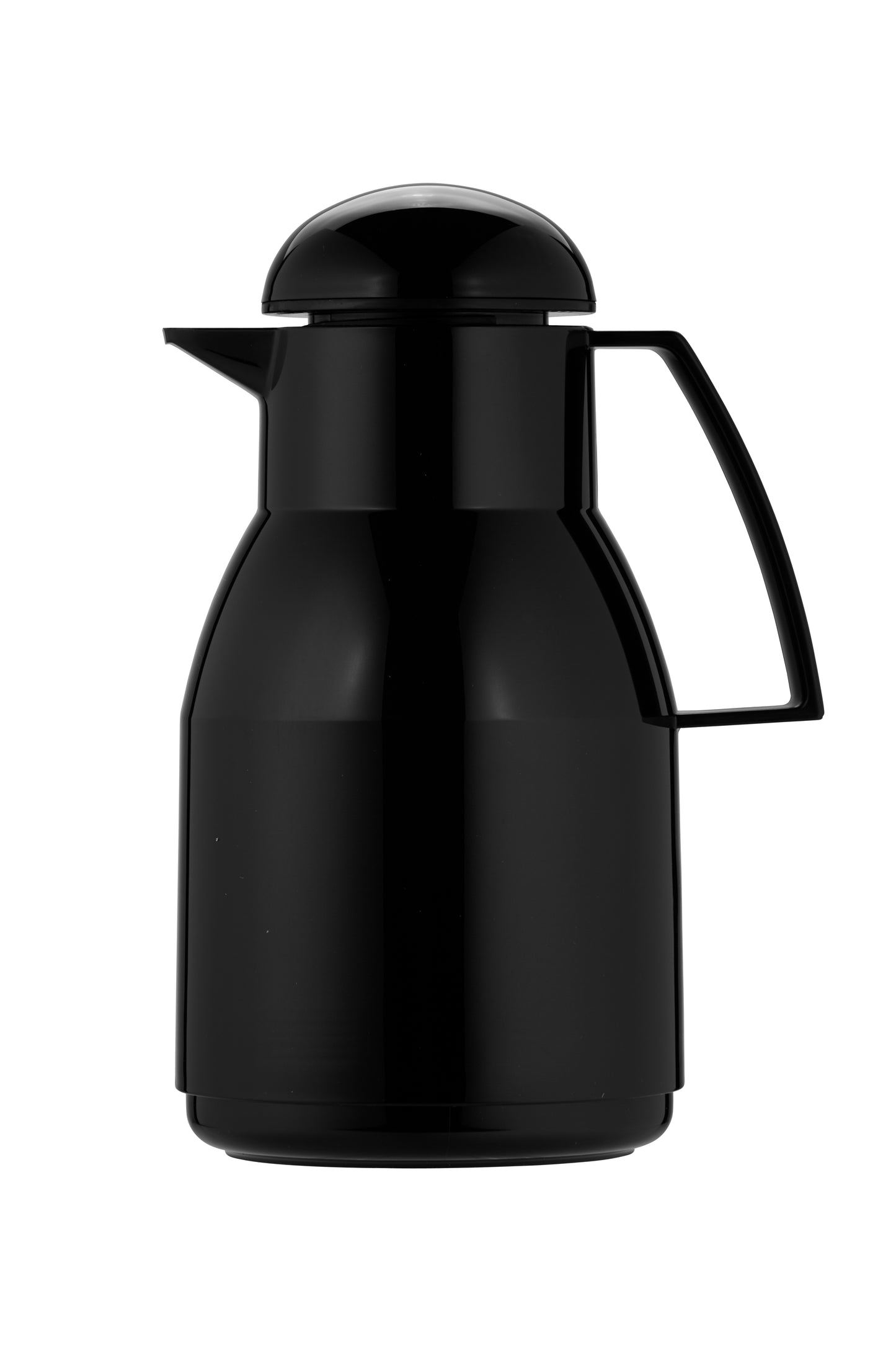 Schwarze Thermoskanne mit Griff, seitliche Ansicht.