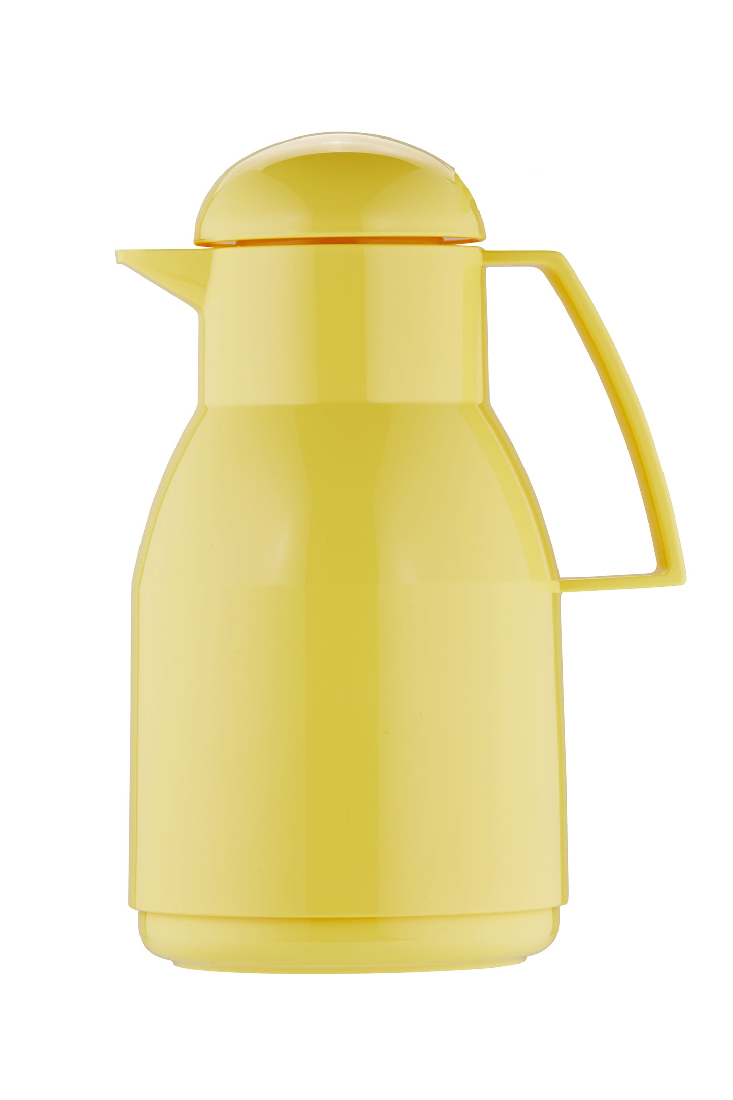 Gelbe Thermoskanne mit Henkel, vor weißem Hintergrund.
