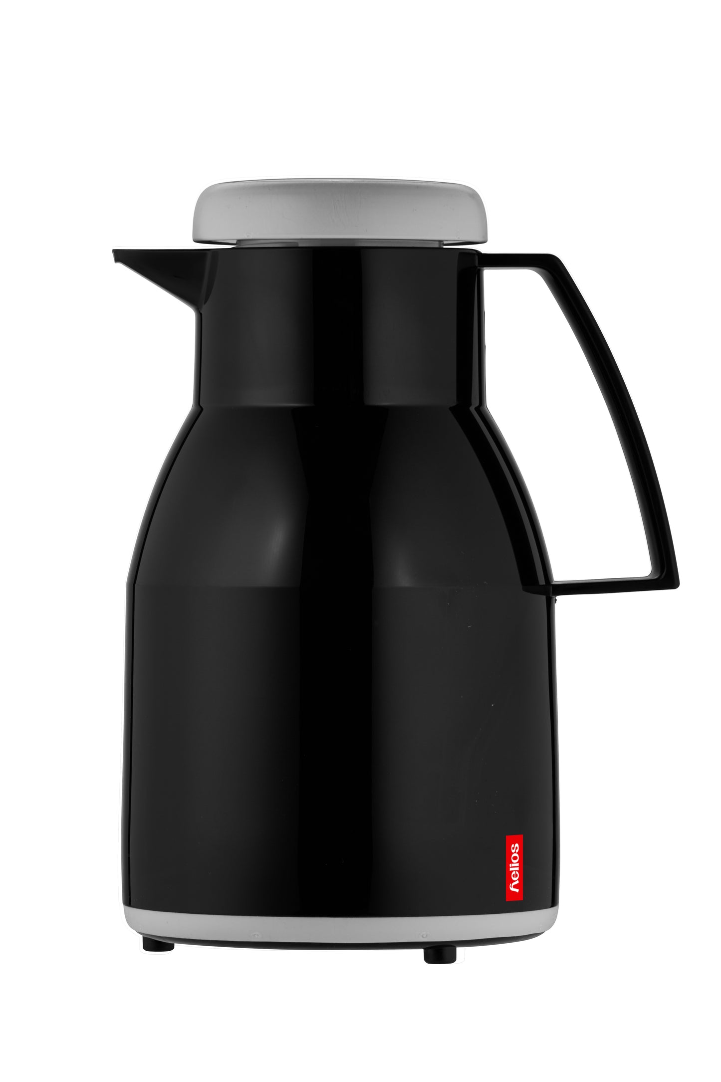 Schwarze Thermoskanne mit grauem Deckel.