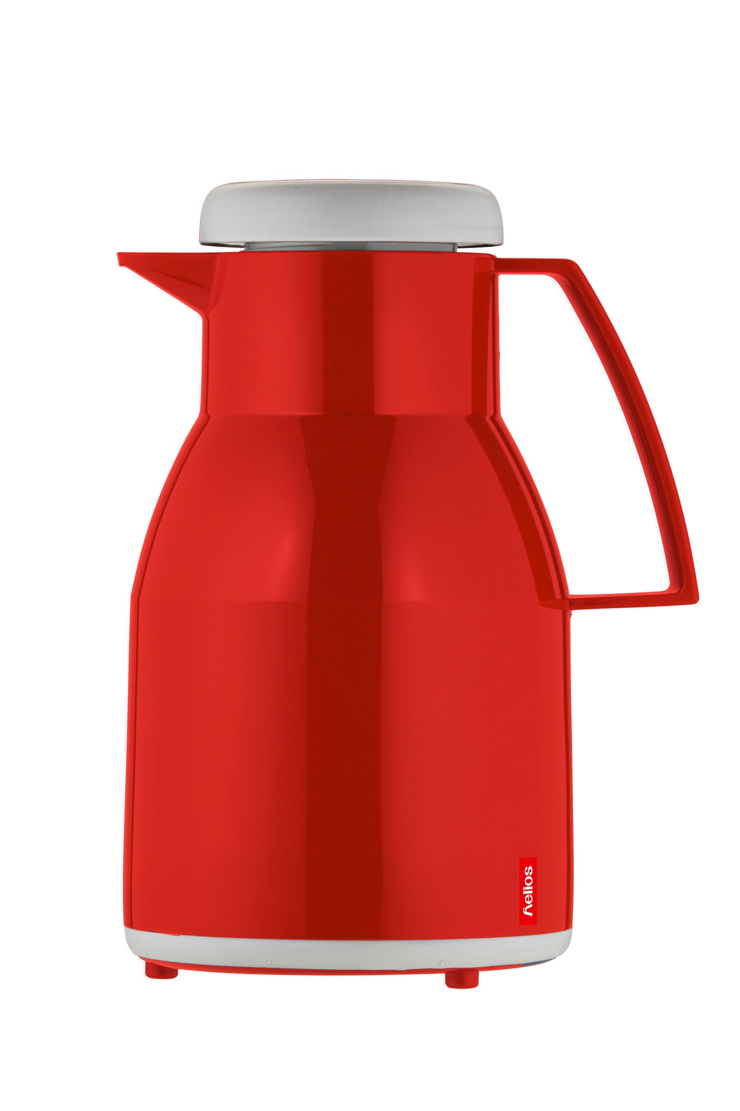 Rote Thermoskanne mit weißem Deckel.