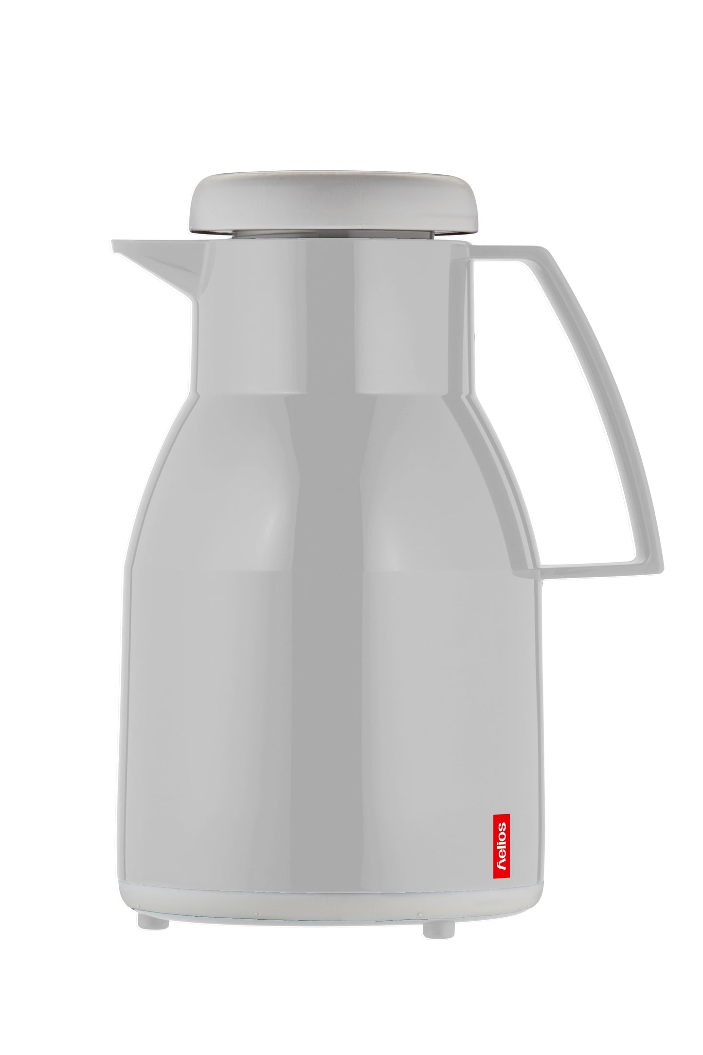 Graue Thermoskanne mit rotem Logo.