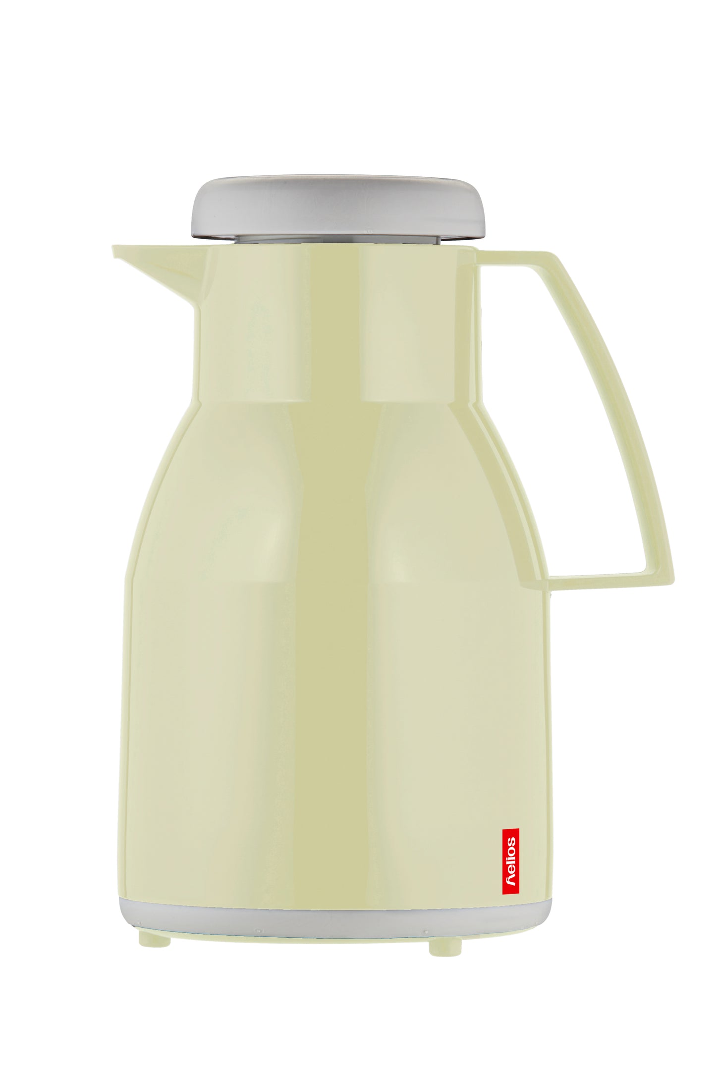 Beige Thermoskanne mit grauem Deckel.