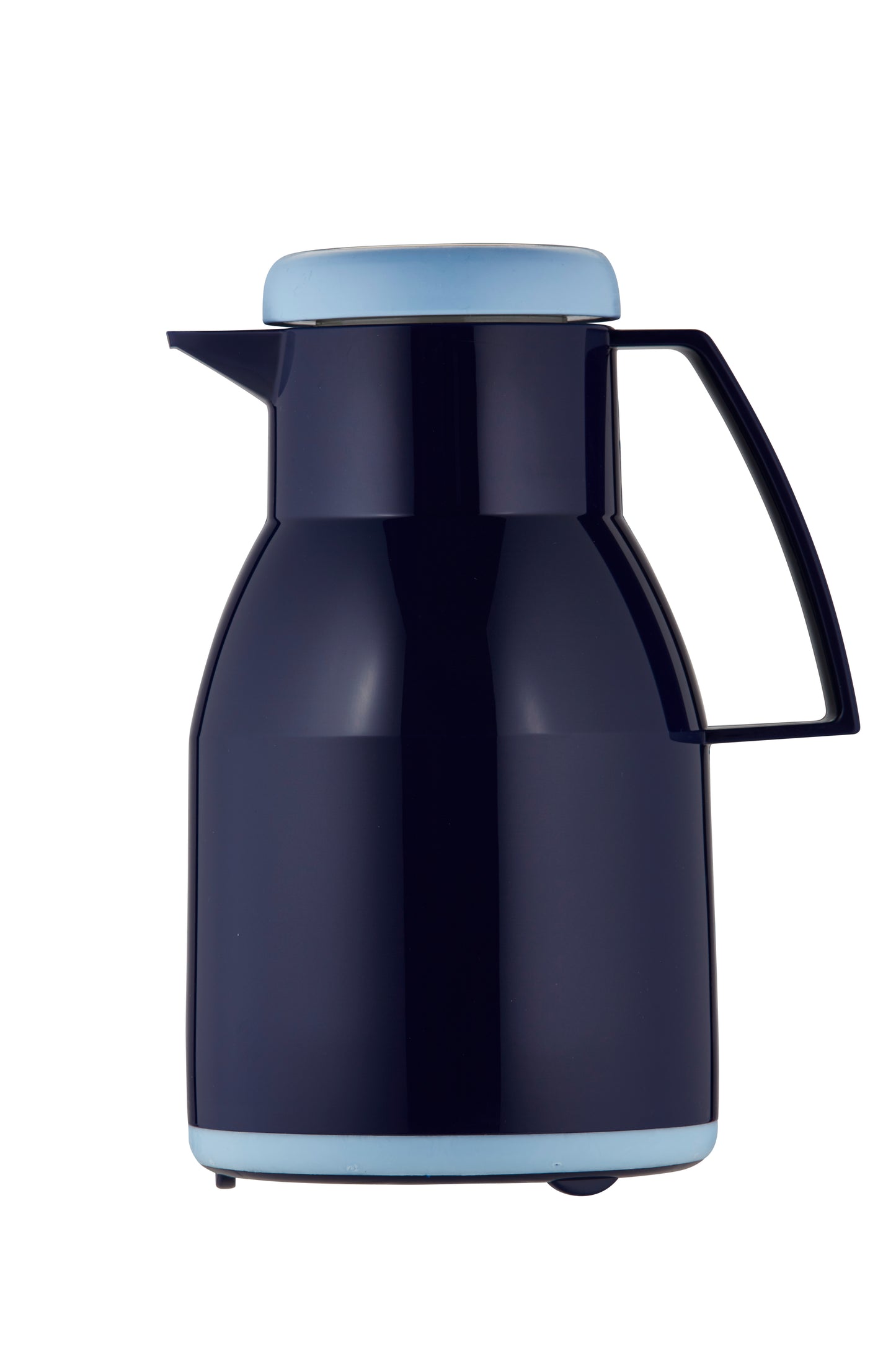 Schwarze Thermoskanne mit blauem Deckel.