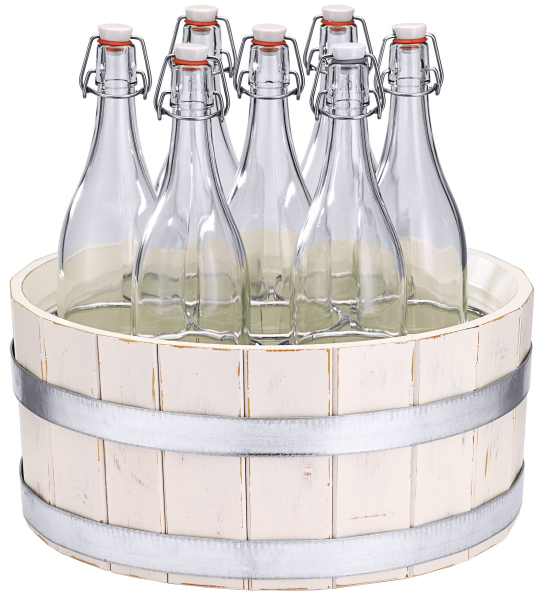 Leere Glasflaschen in Holzkorb