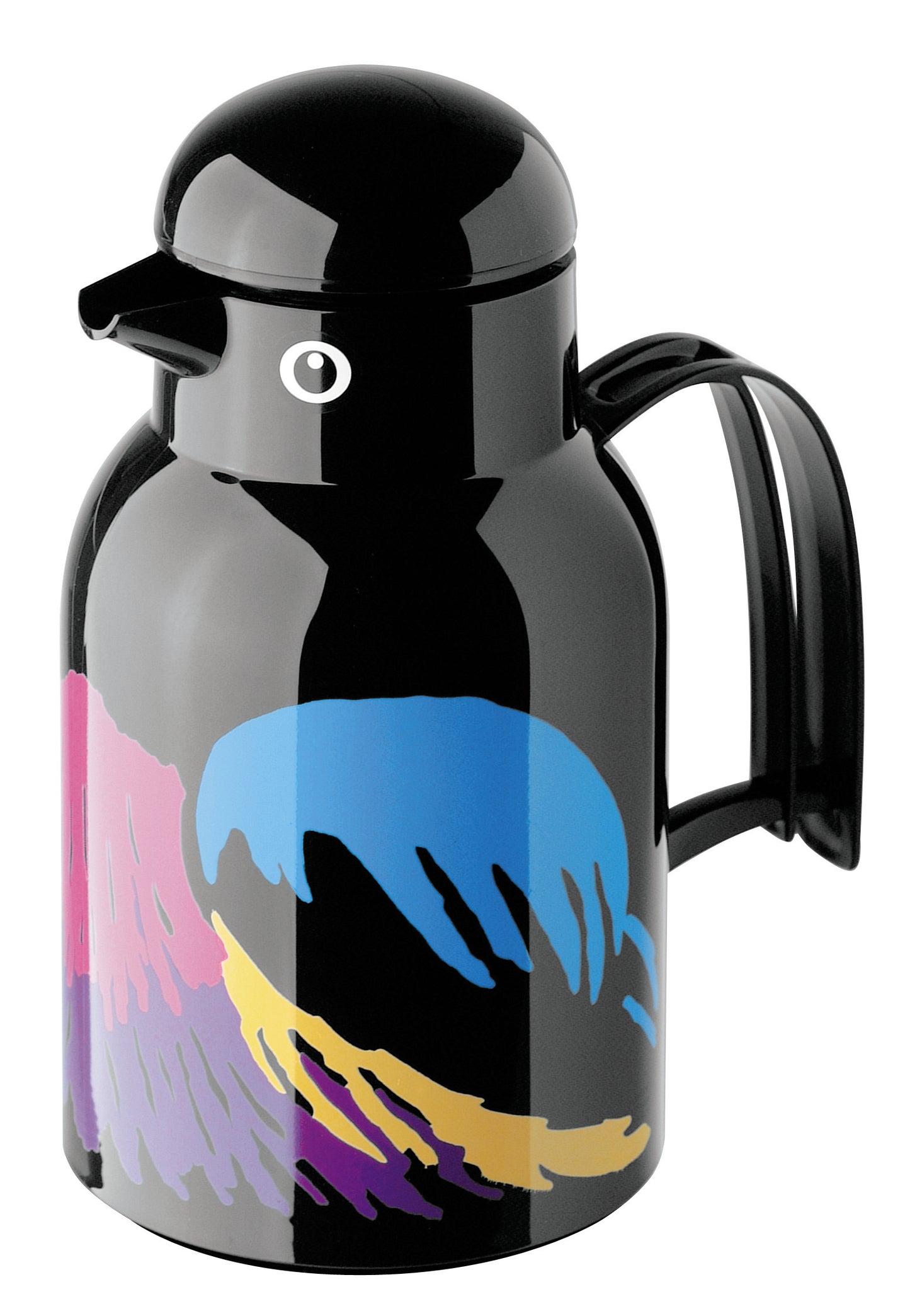 Thermoskanne mit buntem Design und Griff.