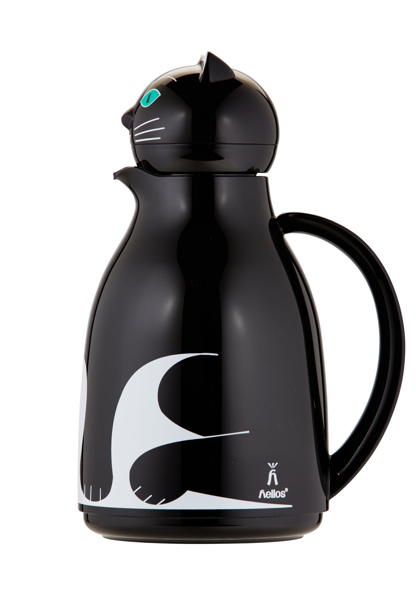 Schwarze Thermoskanne mit Katzenmotiv.