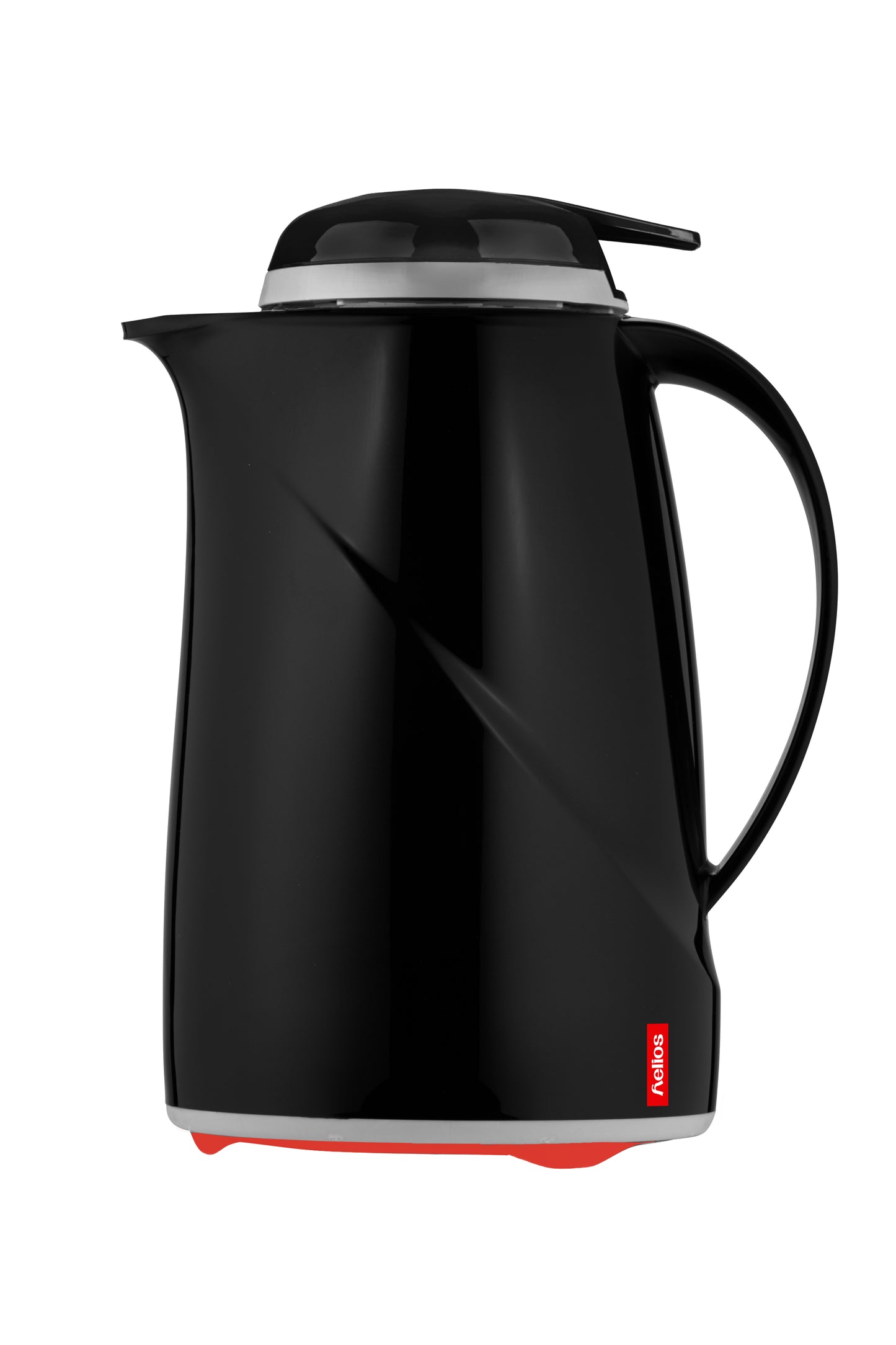 Schwarze Thermoskanne mit rotem Boden.