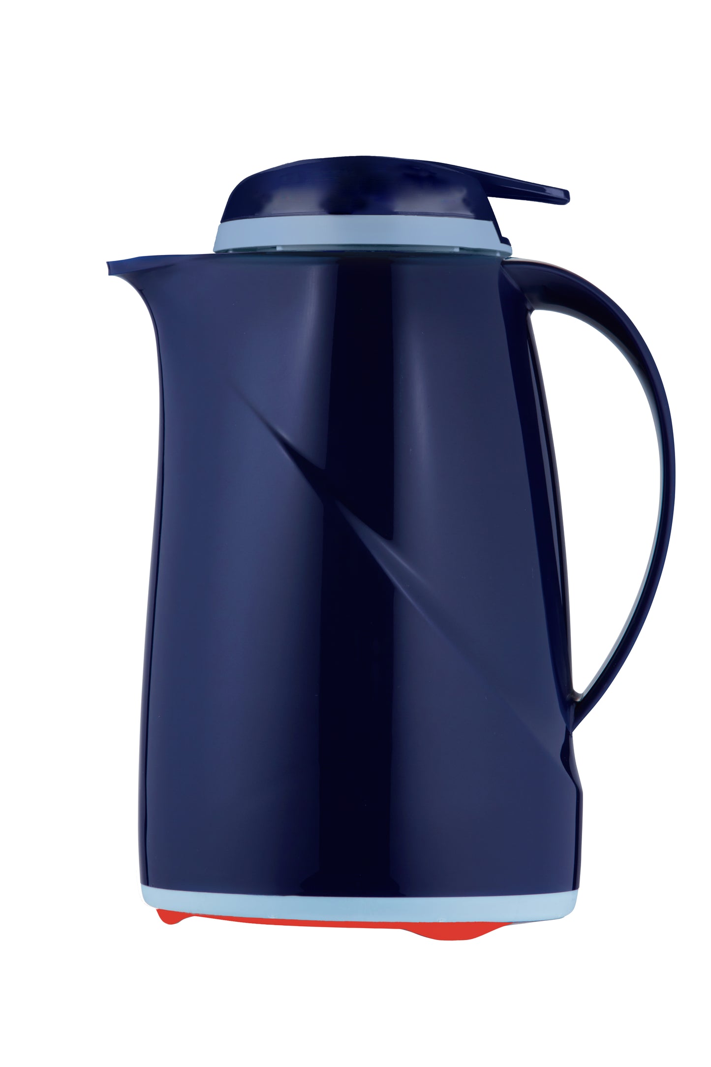 Blaue Thermoskanne mit Deckel und Griff.