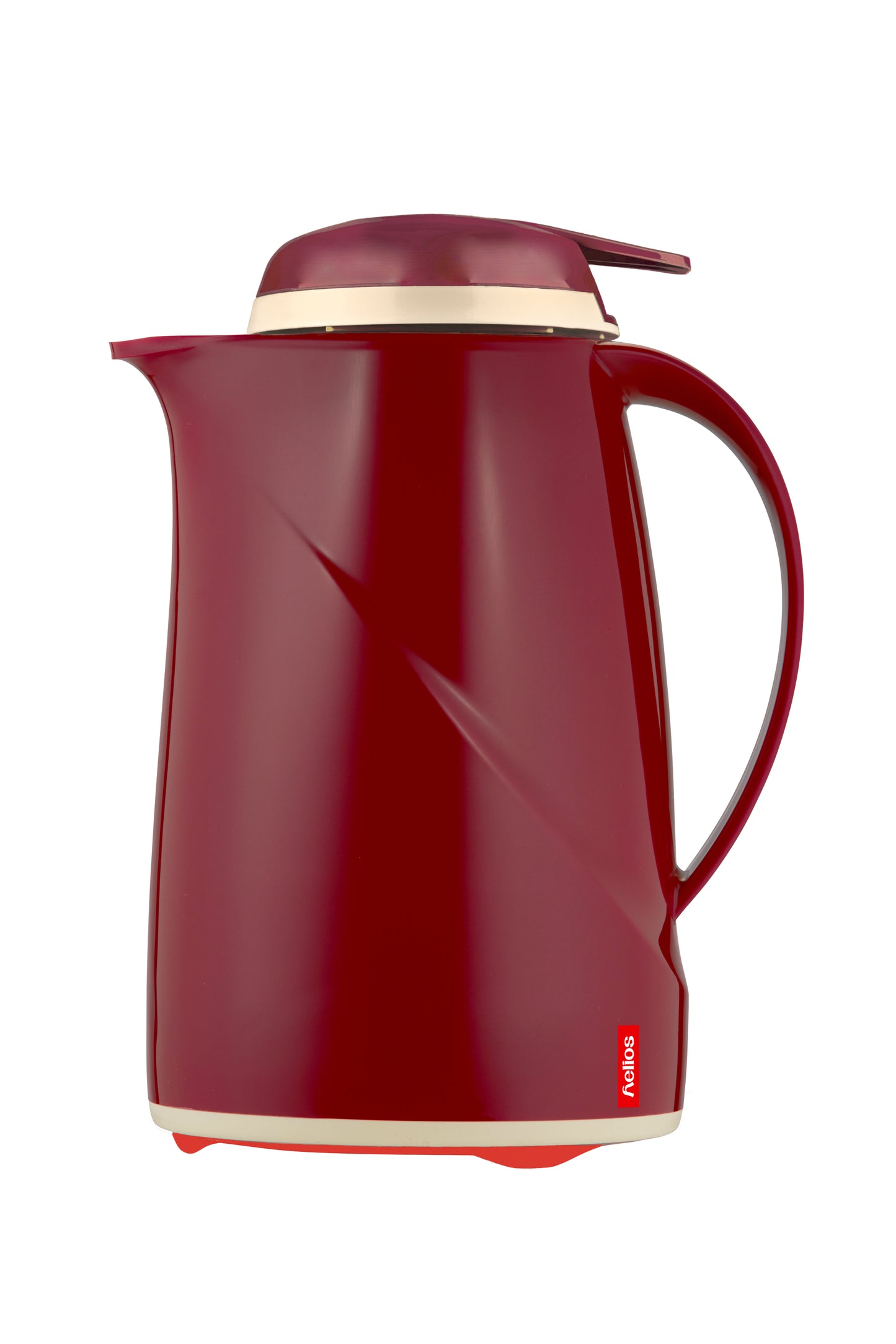 Rote Thermoskanne mit Henkel und Deckel.