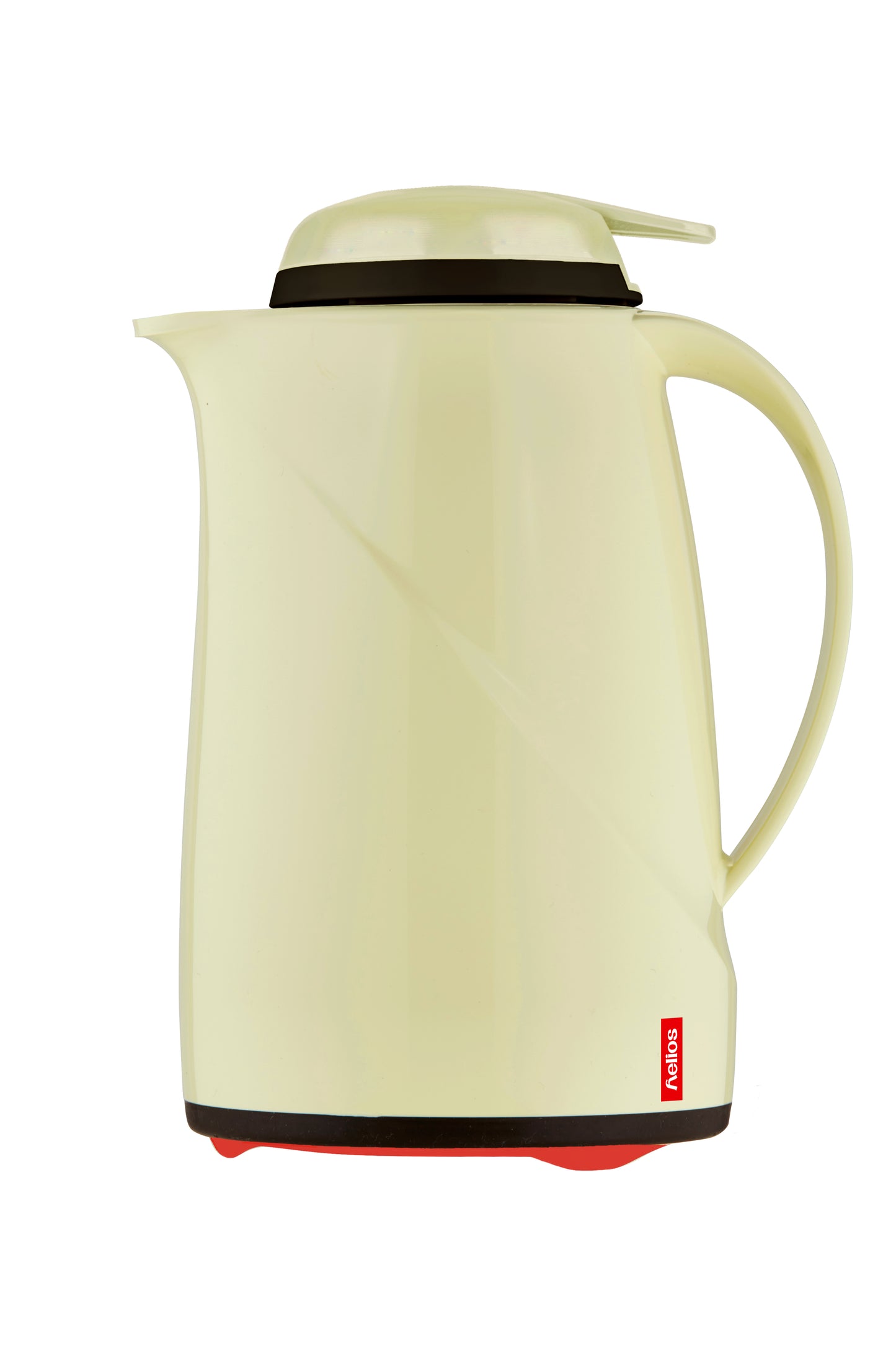 Beige Thermoskanne mit rotem Boden.