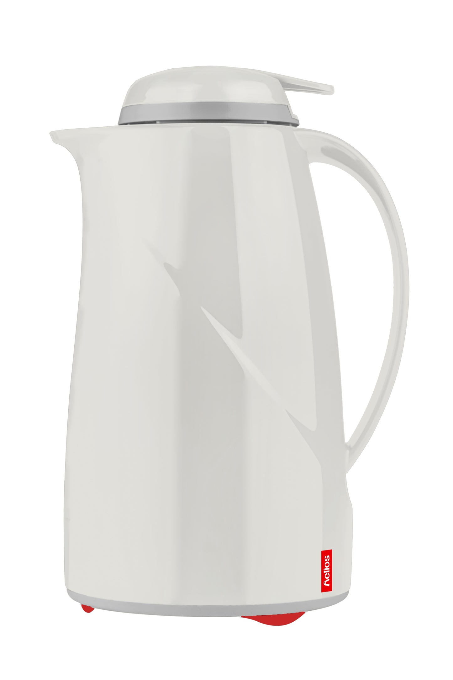 Weiße Thermoskanne mit rotem Logo.