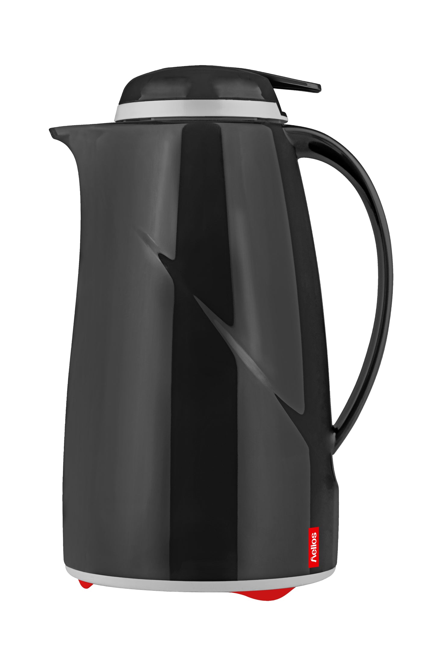 Schwarze Thermoskanne mit rotem Akzent.