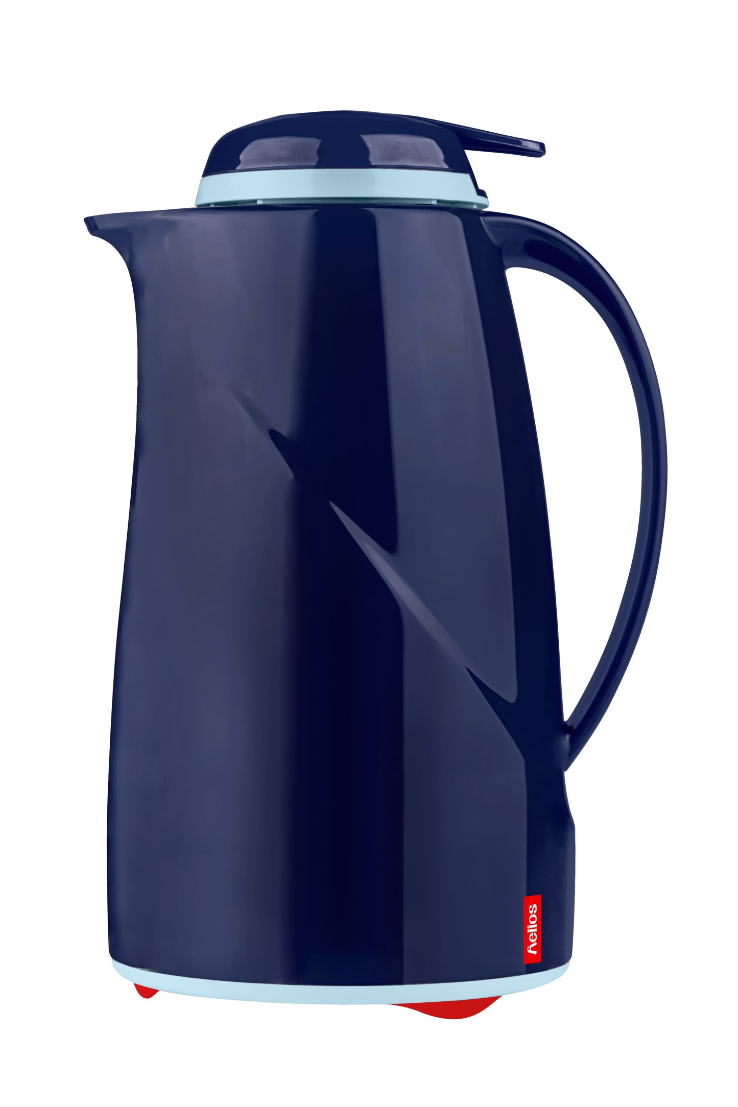 Blaue Thermoskanne mit rotem Logo.
