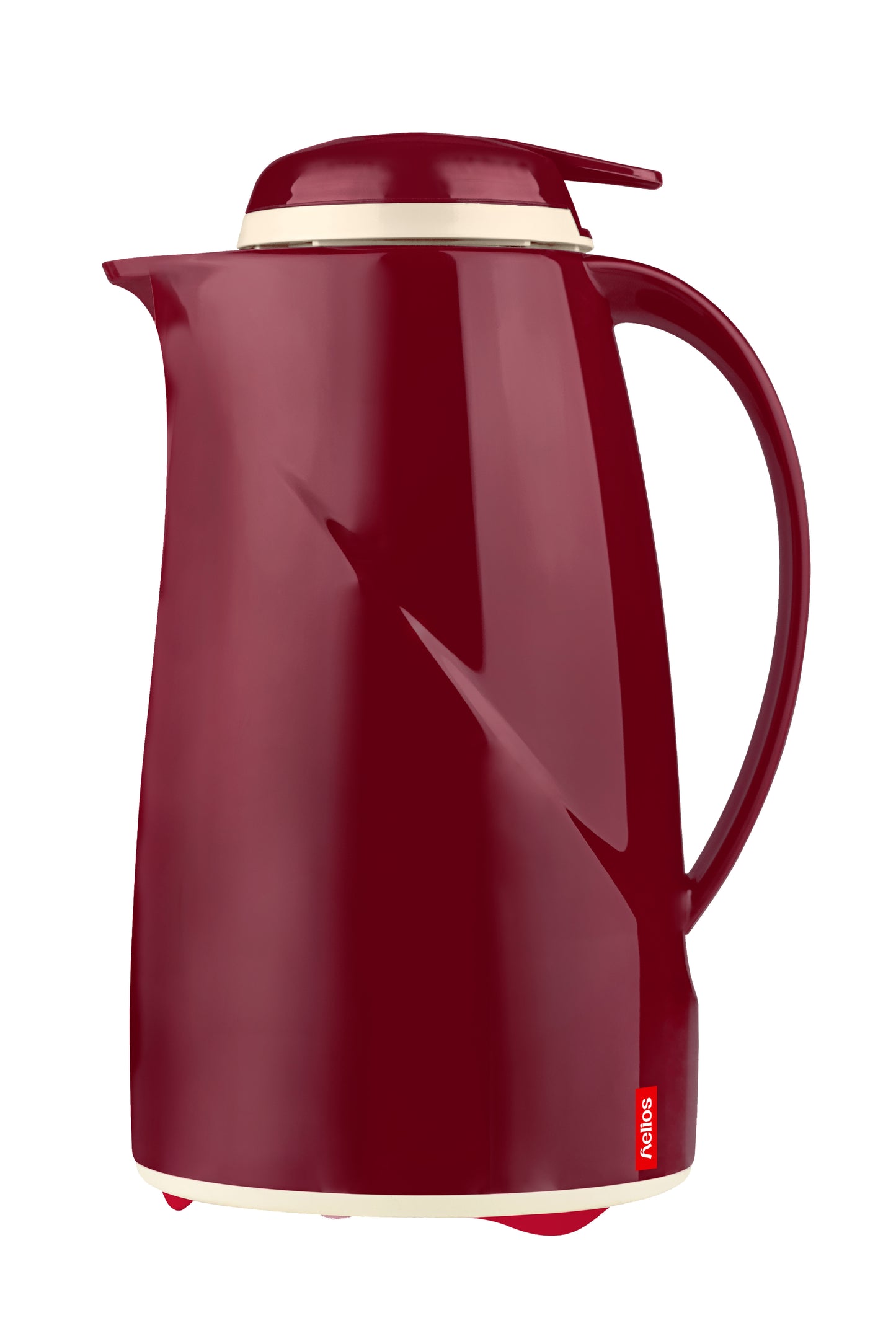 Rote Thermoskanne mit Henkel und Deckel.