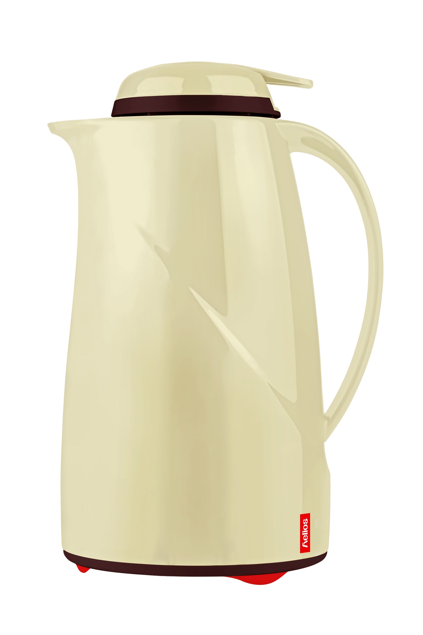 Beige Thermoskanne mit rotem Logo.