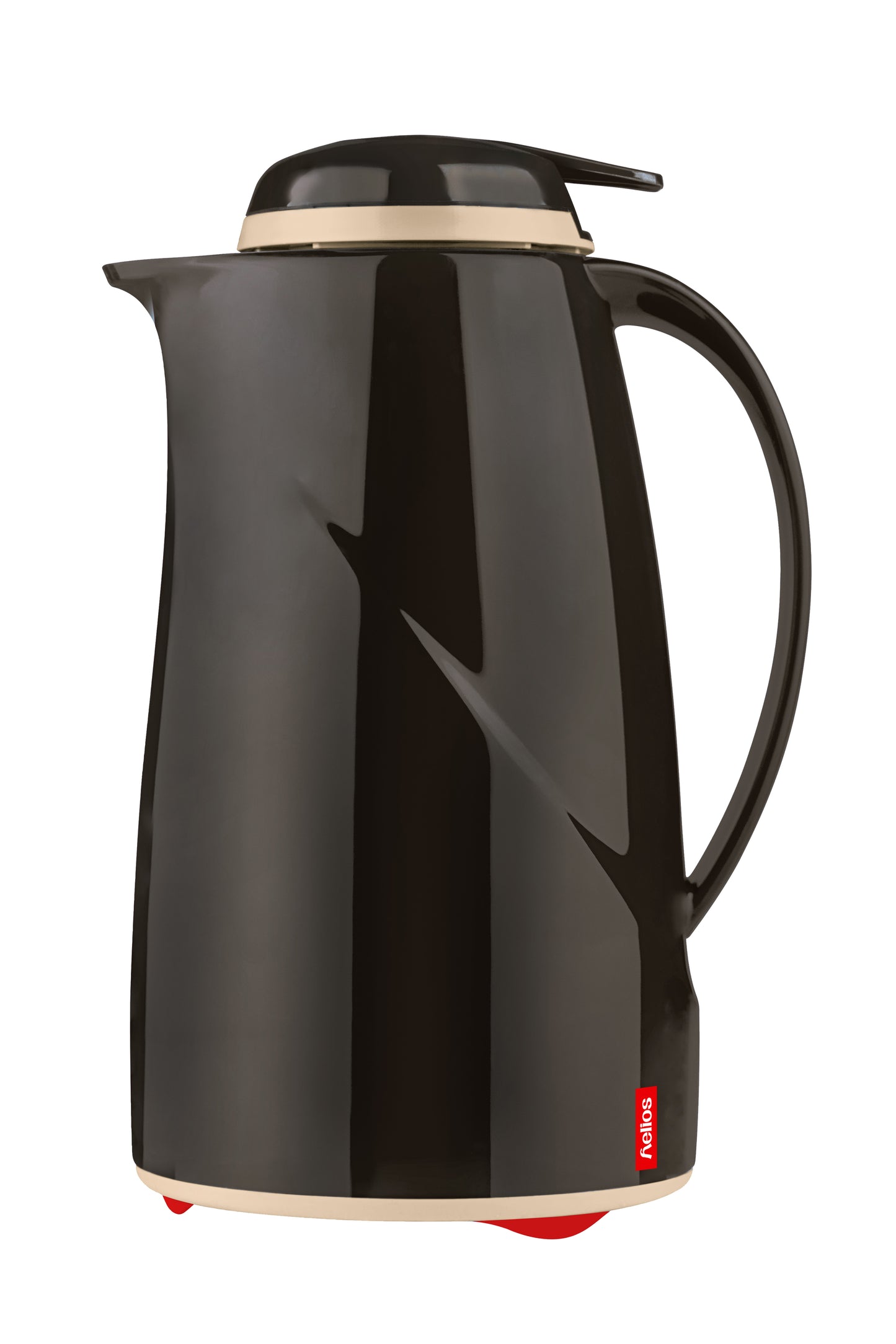 Schwarze Thermoskanne mit rotem Logo.