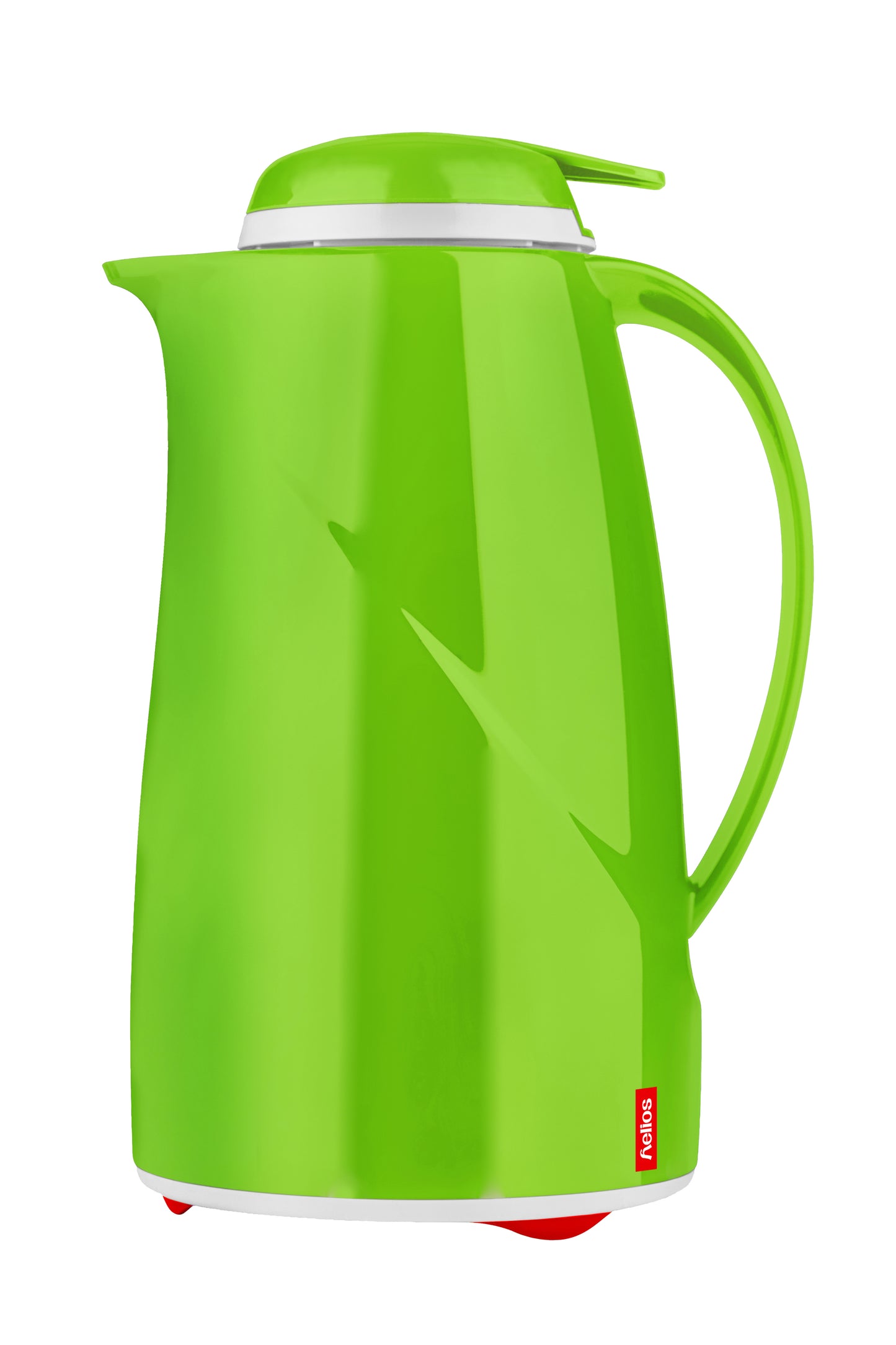 Grüne Thermoskanne mit Deckel und Griff.