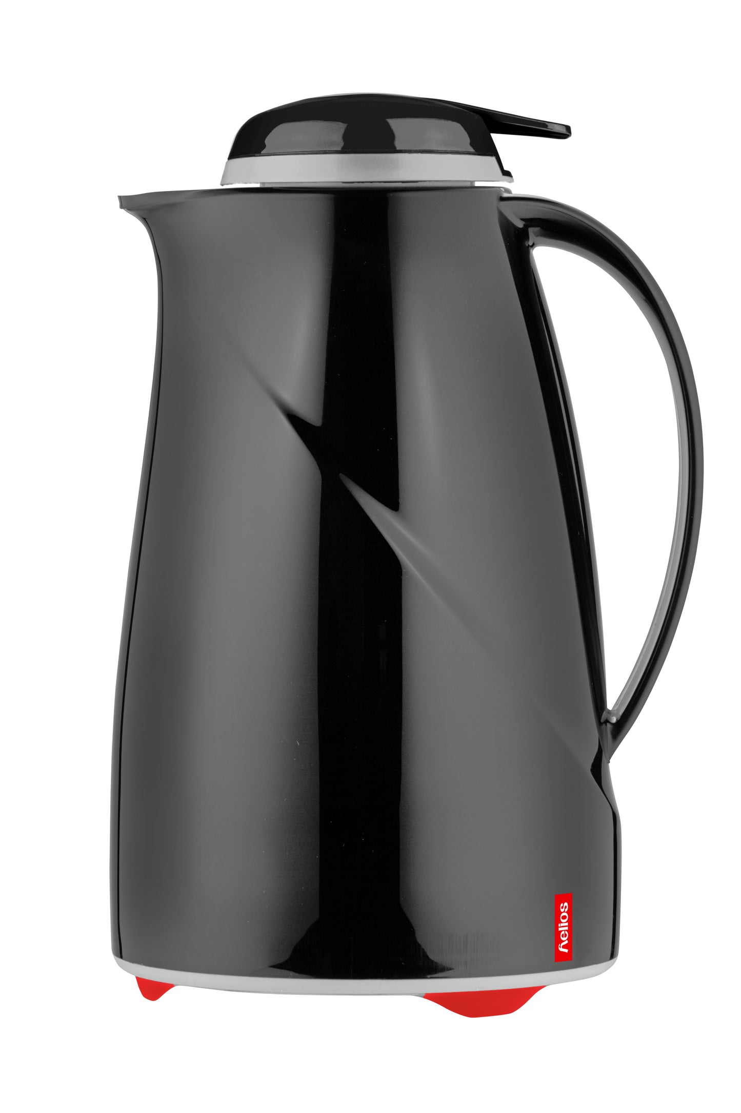 Schwarze Thermoskanne mit rotem Boden.
