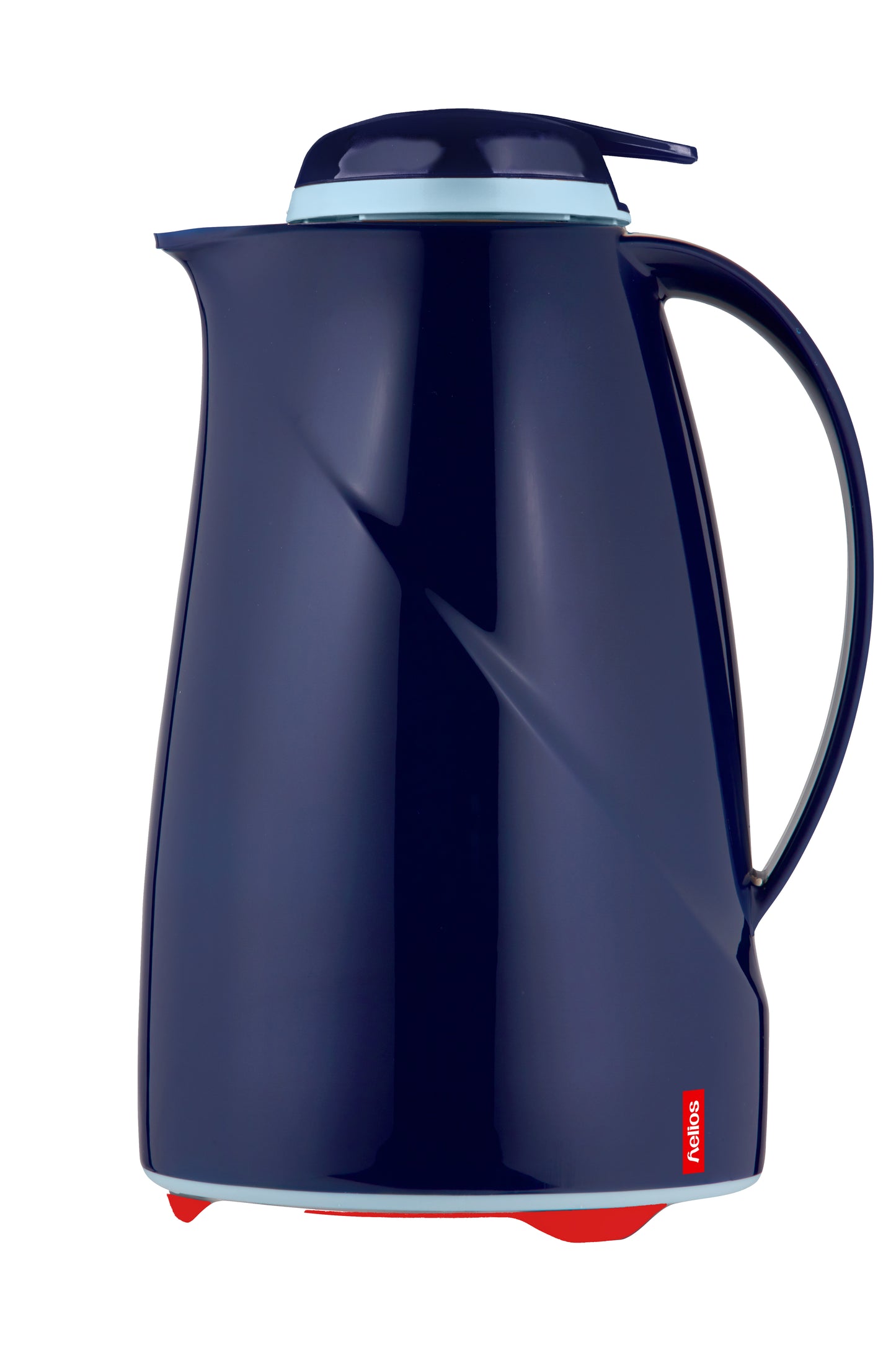 Blaue Thermoskanne mit Griff und Deckel.