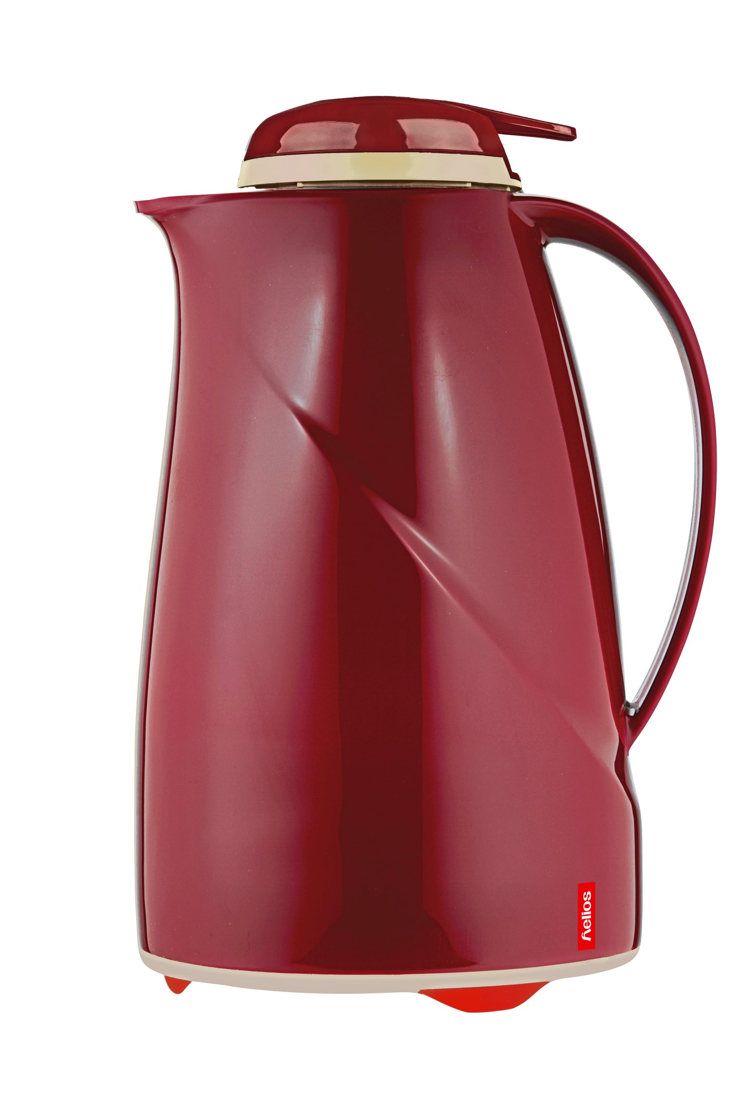 Rote Thermoskanne mit Griff und Deckel.